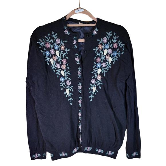 Vintage 1960s Black Embroidered Beaded Lined Wool Cardigan Women Sz 42 EU/XL US - Picture 1 of 11